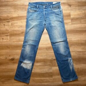 Diesel Paddom Jeans Mens 31x32 Blue Splatter Straight Leg Stretch‎ Italy 0R8LL